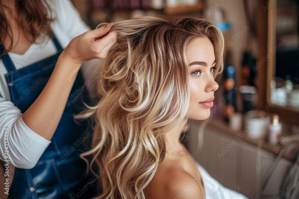 Fototapeta premium A stylish lady undergoes a glamorous transformation as she sits for a photo shoot, her long brown hair expertly styled and colored while dressed in a fashionable outfit against a chic indoor wall bac