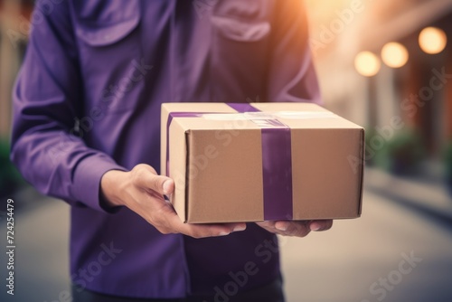 a man holds a gift box in his hands.. courier in purple uniform clothes with a parcel box. Mail, delivery. © Al