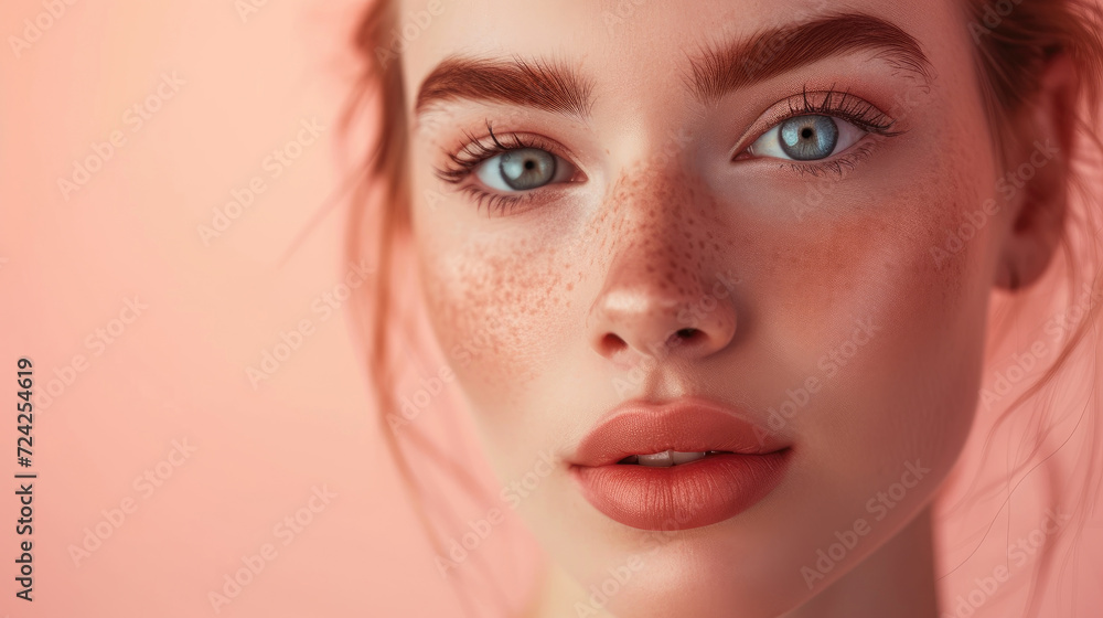 custom made wallpaper toronto digitalBeauty portrait of young beautiful woman with freckles on her face. Peach fuzz background