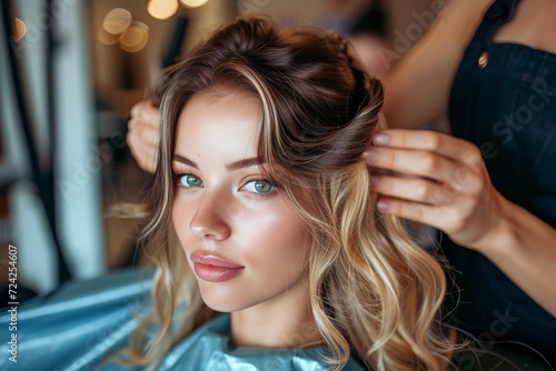 A stylish lady prepares for a glamorous photo shoot as she gets her long, brown hair styled and her makeup done, accentuating her beautiful face with eyelashes, lipstick, and eye liner