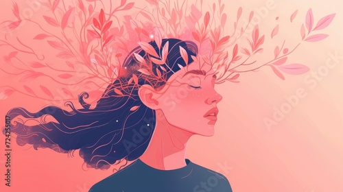 Beautiful girl with flowers in her hair on pink background. Illustration in a flat style. Mental Health Concept