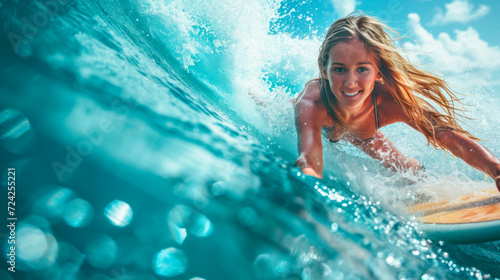 Close-up of a beautiful surfer girl with long hair on a surfboard riding a wave. Banner with copy space