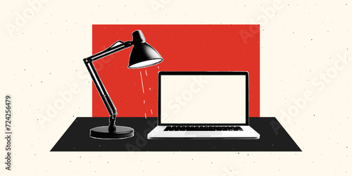 Collage with halftone laptop and lamp standing on desktop. Minimalistic style. Vector illustration.