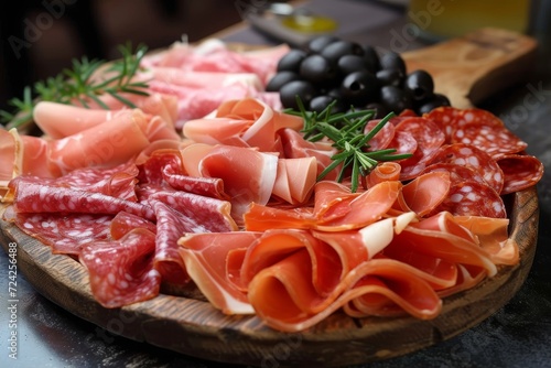 An indulgent platter of cold cuts and cured meats, adorned with savory olives and garnished with fruits, embodies the art of charcuterie and the essence of fine dining