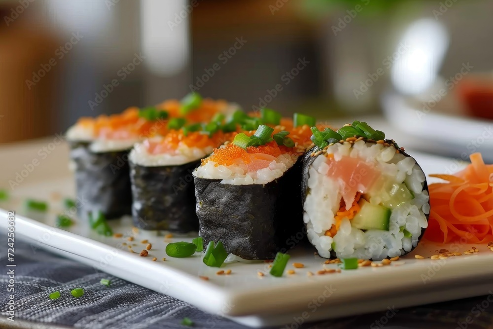 A delectable assortment of sushi delicacies, including a california roll and gimbap, are beautifully presented on a tray adorned with nori and garnishes, showcasing the artful mastery of japanese cui A delectable assortment of sushi delicacies, including a california roll and gimbap, are beautifully presented on a tray adorned with nori and garnishes, showcasing the artful mastery of japanese cui