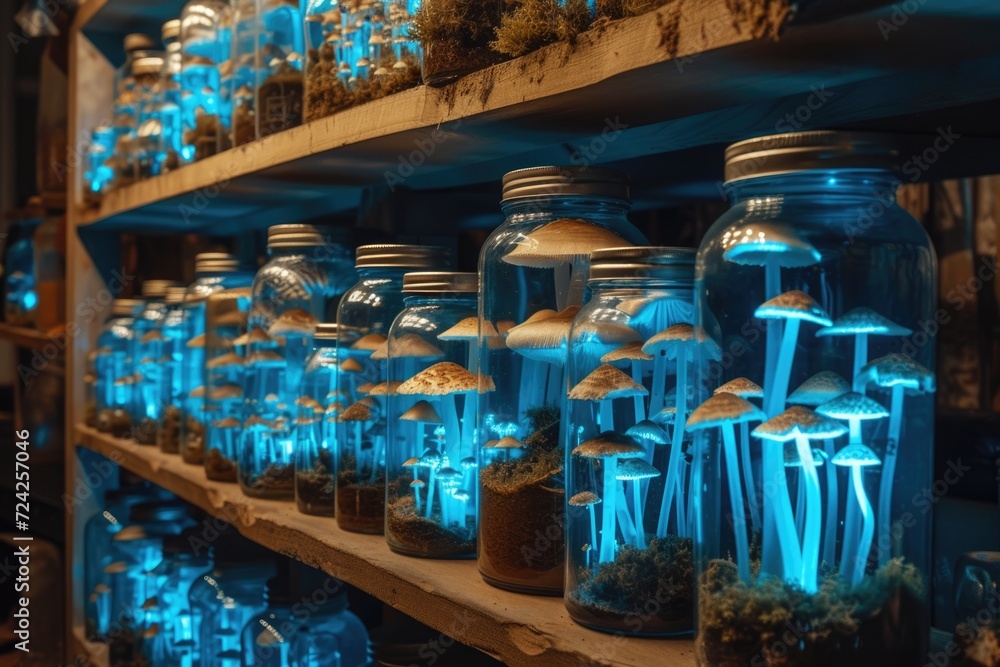 Magic Psilocybin Mushrooms in bell jars stored on shelf. Fantasy Glowing Mushrooms in mystery dark close-up. Border art design. Magic light. Magic Psilocybin Mushrooms in bell jars stored on shelf. Fantasy Glowing Mushrooms in mystery dark close-up. Border art design. Magic light.