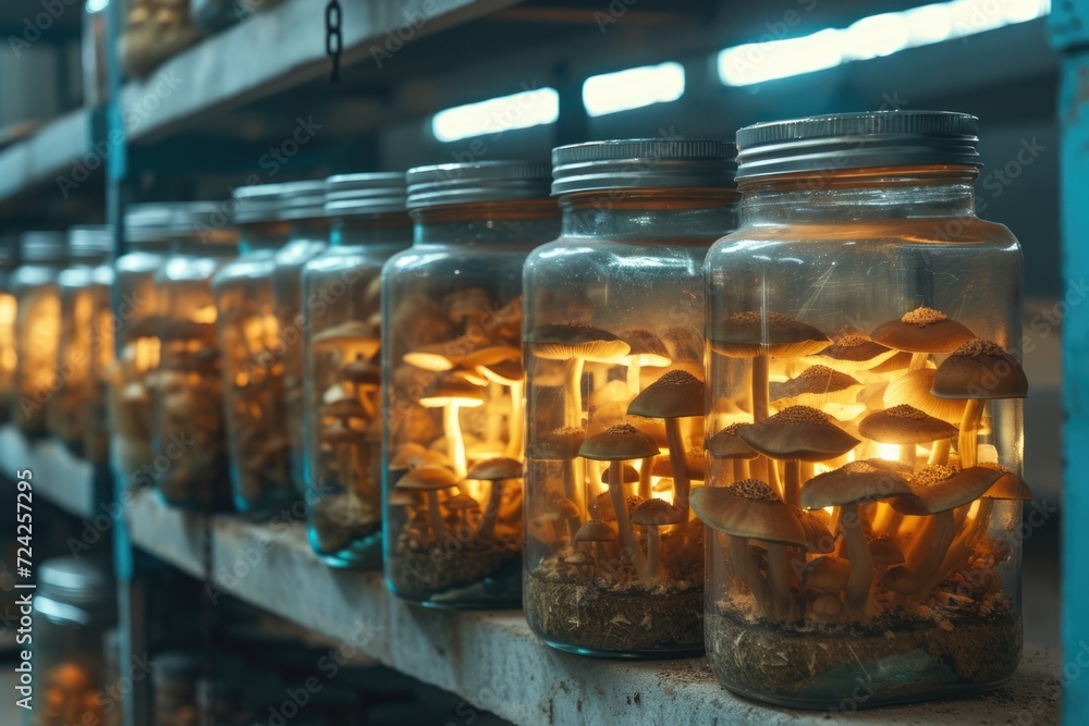 Magic Psilocybin Mushrooms in bell jars stored on shelf. Fantasy Glowing Mushrooms in mystery dark close-up. Border art design. Magic light. Magic Psilocybin Mushrooms in bell jars stored on shelf. Fantasy Glowing Mushrooms in mystery dark close-up. Border art design. Magic light.