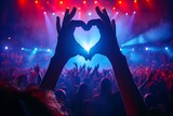 A euphoric music lover spreads love and joy at a lively concert with a heart formed by their hands, creating a vibrant atmosphere at the rave event