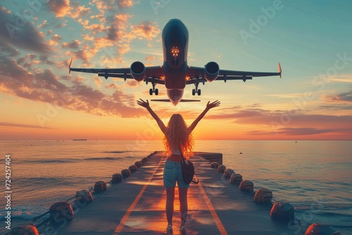 A woman basks in the serenity of the golden hour, her arms outstretched towards the sky as a plane glides overhead, reminding her of the endless possibilities of air travel