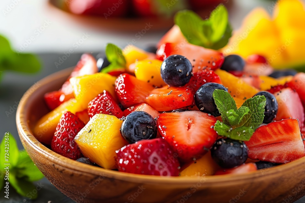 An enticing bowl of superfood salad brimming with an assortment of sweet and refreshing natural fruits, including succulent alpine strawberries and seedless virginia strawberries, perfect for a veget An enticing bowl of superfood salad brimming with an assortment of sweet and refreshing natural fruits, including succulent alpine strawberries and seedless virginia strawberries, perfect for a veget