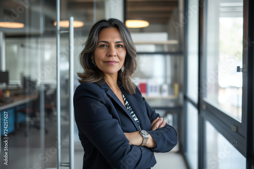 a confident Latin middle-aged businesswoman stands in her office with her arms crossed, looking directly at the camera for a portrait
