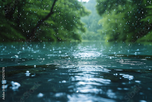 A slow-motion capture of raindrops falling on a serene lake  highlighting the beauty of nature s details. Concept of nature s elegance in slow motion. Generative Ai.