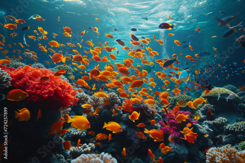 An underwater video of coral reefs teeming with colorful marine life  showcasing ocean biodiversity. Concept of exploring underwater ecosystems. Generative Ai.
