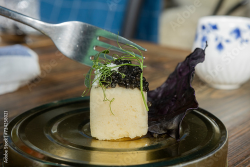 Gourmet fusion dish with caviar at Zermatt Michelin star restaurant
