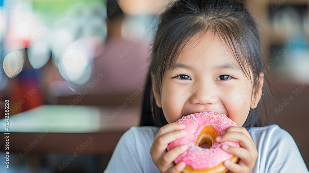 Joyful preteen enjoying donuts in restaurant with blurred background for copy space Joyful preteen enjoying donuts in restaurant with blurred background for copy space