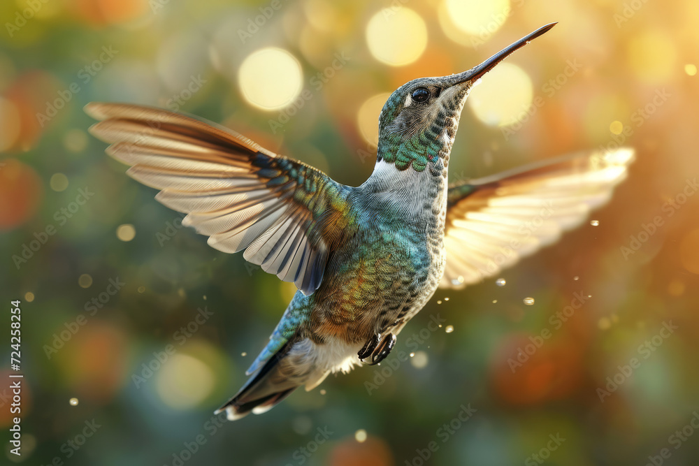 Fototapeta premium A slow-motion capture of a hummingbird in flight, showcasing the precision and grace of its movements. Concept of beauty in nature's speed. Generative Ai.