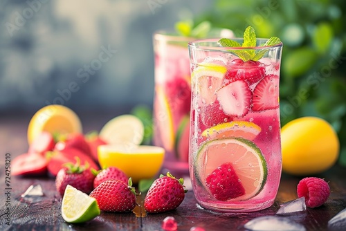 Indulge in a refreshing burst of summer with a vibrant glass of pink aguas frescas, adorned with juicy strawberries, zesty citrus, and a sprig of mint for the perfect cocktail garnish photo
