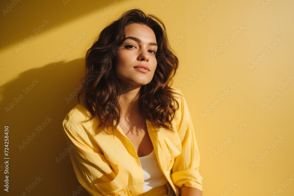 beautiful young woman in yellow shirt looking at camera isolated on yellow beautiful young woman in yellow shirt looking at camera isolated on yellow