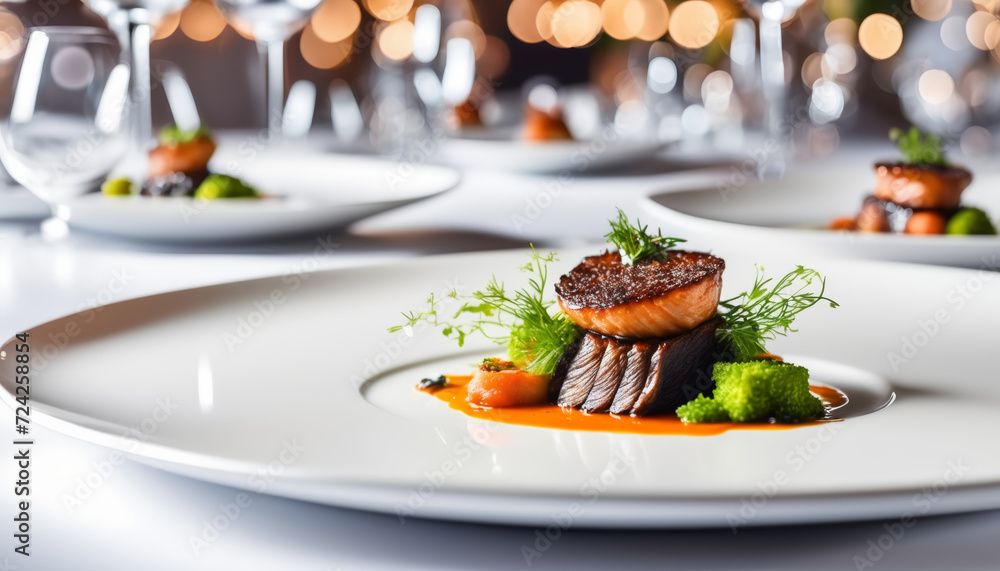 Close up of Refined and Elegant Cuisine of Michelin Star Chef, Fine Dining and Gourmet Presentation, on White Festive Restaurant Table Close up of Refined and Elegant Cuisine of Michelin Star Chef, Fine Dining and Gourmet Presentation, on White Festive Restaurant Table