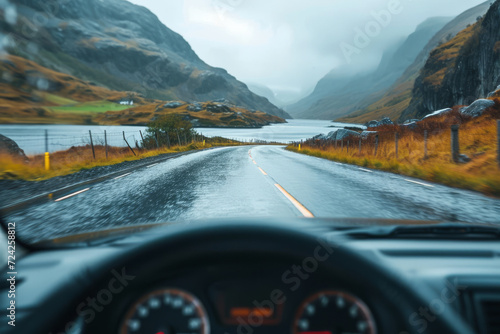 A video from a car's dashboard during a road trip, capturing the changing landscapes. Concept of travel and the journey's perspective. Generative Ai.