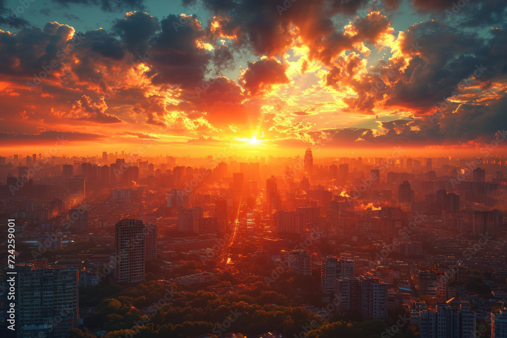 Drone shot of a city skyline at sunset, capturing the interplay of light and urban structures. Concept of urban beauty and aerial cityscapes. Generative Ai. Drone shot of a city skyline at sunset, capturing the interplay of light and urban structures. Concept of urban beauty and aerial cityscapes. Generative Ai.