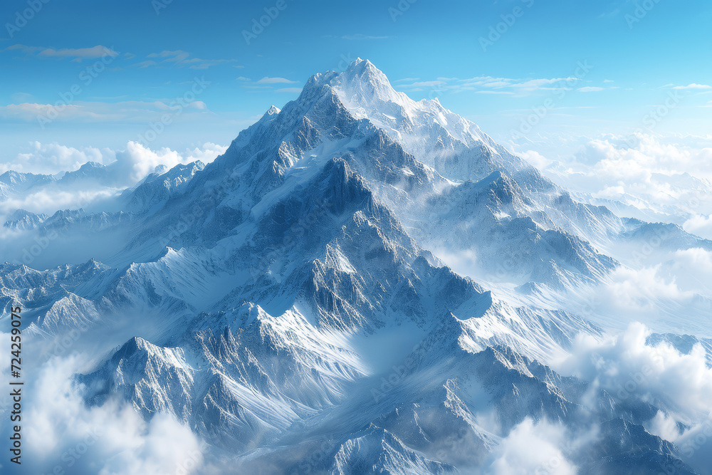 Aerial photo of a mountain range with snow-capped peaks, offering a majestic perspective. Concept of grandeur in nature and mountainous landscapes. Generative Ai.