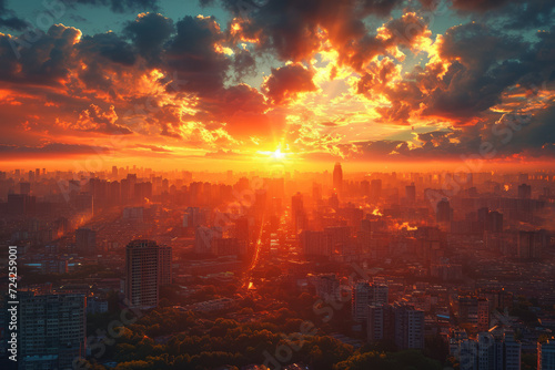 Wallpaper Mural Drone shot of a city skyline at sunset, capturing the interplay of light and urban structures. Concept of urban beauty and aerial cityscapes. Generative Ai. Torontodigital.ca