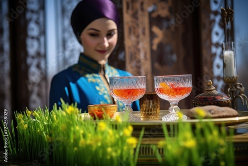 Celebrating renewal with sprouted wheat grass: happy nowruz, a festive homage to nature's rebirth, cultural traditions, and the joyous spirit of persian new year, embracing health and vitality photo