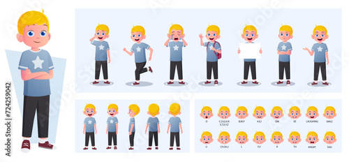 Cartoon Blonde Boy Character Constructor and Animation Pack with Gestures, Emotions and Actions. Little Boy Side, Front, Rear View. Movable Parts for Animation and Lip-Sync Vector Illustration.