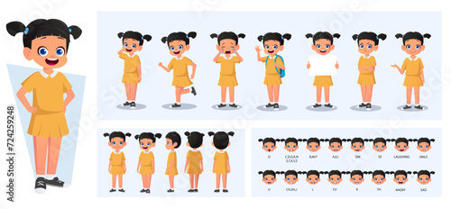 Cute Little Girl Character Constructor Set with 360 degree View, Mouth Animation, Actions and Gestures with Movable Joints for animation Premium Vector Illustration
