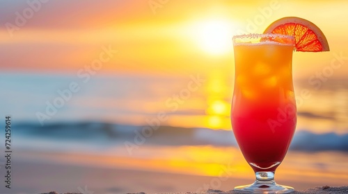 Colorful tequila sunrise cocktail in tropical setting with blurred beach background and text space