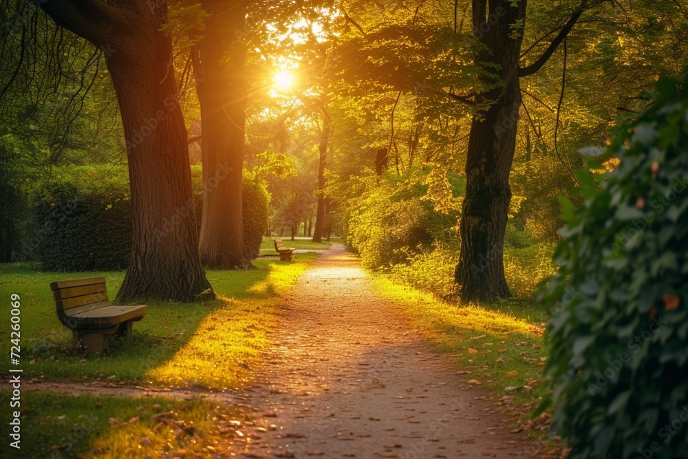 Sunlit path in a park before sunset