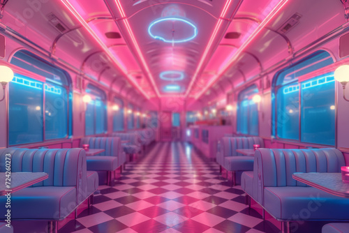 A classic 1950s diner with neon lights and checkered floors, embodying the era's unique style. Concept of retro design and 50s culture. Generative Ai. © Sebastian