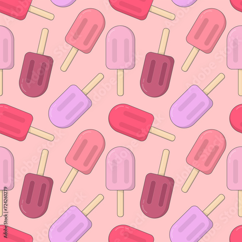 Seamless pattern with ice cream isolated on pink background. Colorful ice cream on stick. Hand painted sweet summer dessert illustration.