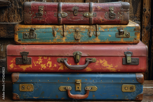 A set of vintage suitcases, telling tales of travel and adventure from the past. Concept of travel nostalgia and historic journeys. Generative Ai.