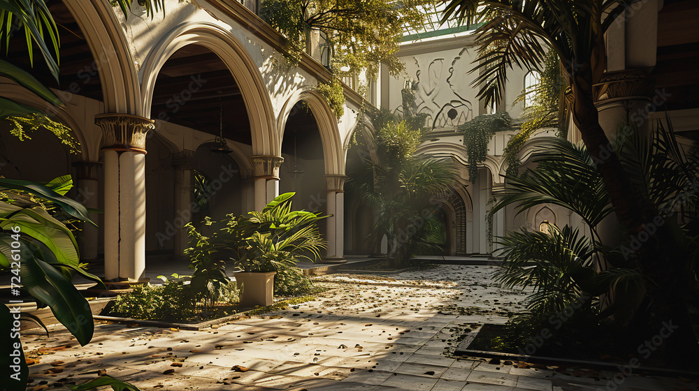 Sunlit Oasis: Courtyard Adorned with Palm Branches Sunlit Oasis: Courtyard Adorned with Palm Branches
