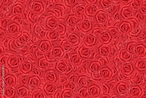 Silk rose flowers. Satin fabric flower pattern. Valentines day decoration. Material rose. Red rose made of soft fabric. Love background. Floral texture. Group of roses. Red bouquet.