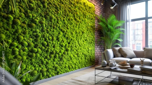 Cozy home corner with a moss wall garden  soft sofa  and warm lighting creating a serene atmosphere.