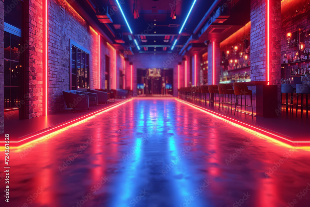 A night club with electric blue gels, pulsating with the music and energy. Concept of immersive and dynamic lighting in nightlife. Generative Ai. - obrazy, fototapety, plakaty 