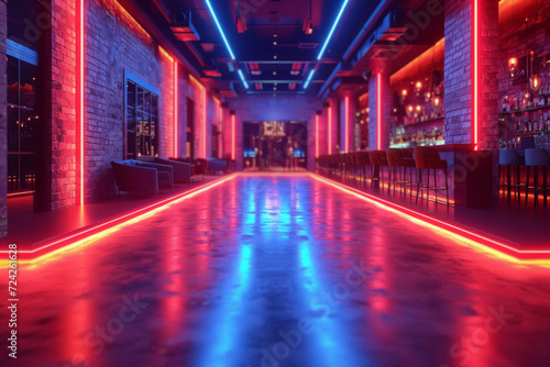 A night club with electric blue gels, pulsating with the music and energy. Concept of immersive and dynamic lighting in nightlife. Generative Ai.