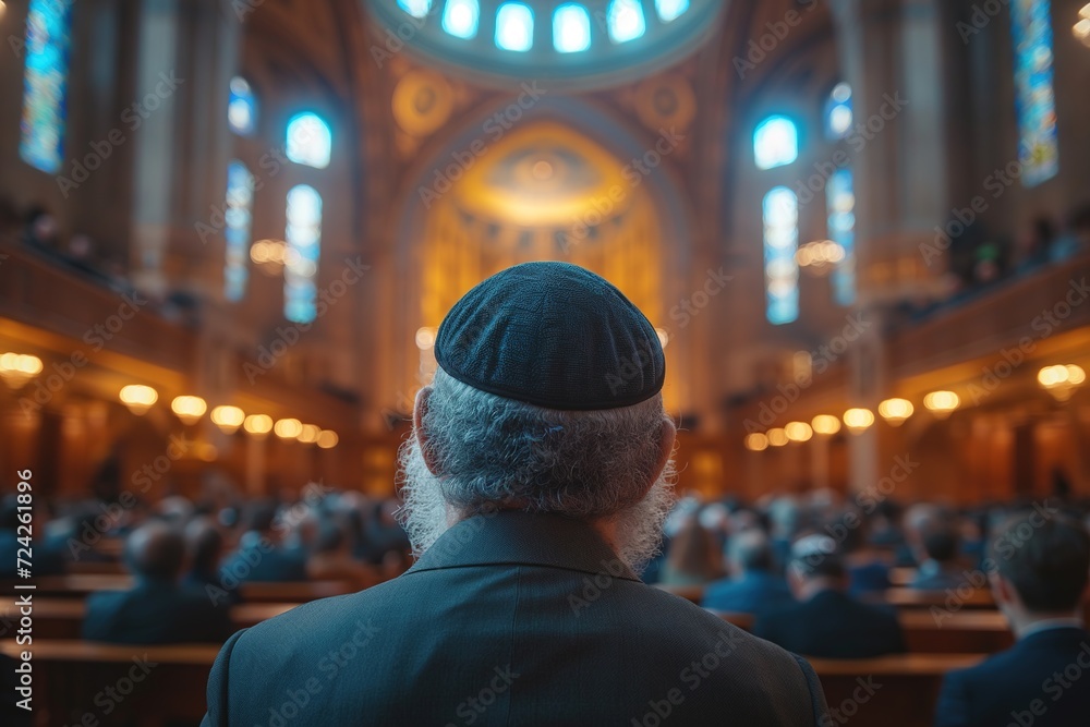 Fototapeta premium Faithful Jewish believers inside a synagogue attending a mass.