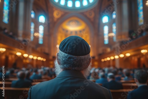 Faithful Jewish believers inside a synagogue attending a mass. photo