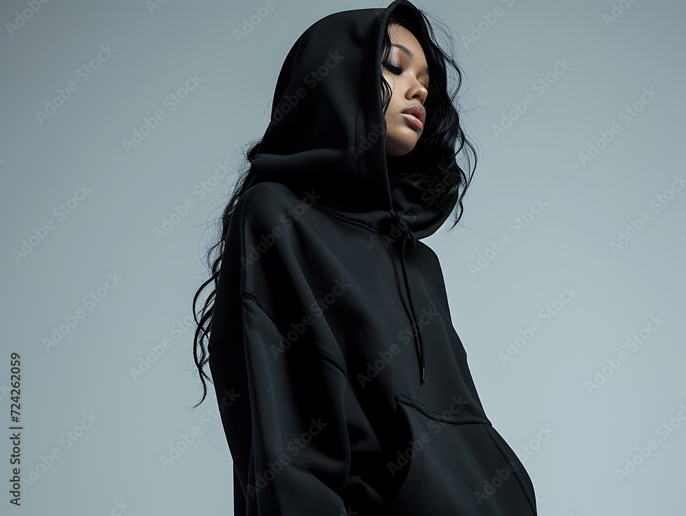 custom made wallpaper toronto digitalFashionable black long hoodie mockup worn by a woman, streetwear for branding, design, commerce, front view. Indoor with steel blue colored wall. Created with Generative AI.