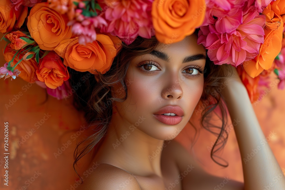 A young model, attractive woman, poses with a wreath of orange spring flowers on her head.