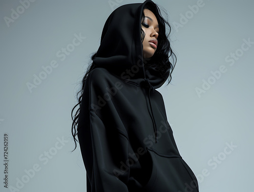 Wallpaper Mural Fashionable black long hoodie mockup worn by a woman, streetwear for branding, design, commerce, front view. Indoor with steel blue colored wall. Created with Generative AI. Torontodigital.ca
