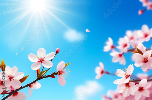 Cherry blossoms flowers and flying petals in blooming on branch on pink background. Spring and romantic Sakura, apple tree. Sky background banner. © chudovert