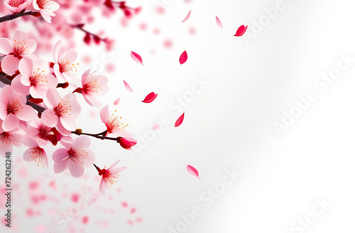 Cherry blossoms flowers and flying petals in blooming on branch on pink background. Spring and romantic Sakura, apple tree. White isolated background © chudovert