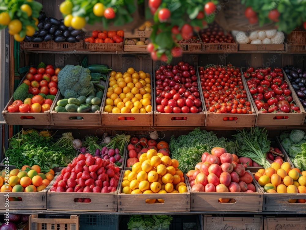 A display of fresh organic produce like fruits and vegetables, set in a charming farm market environment