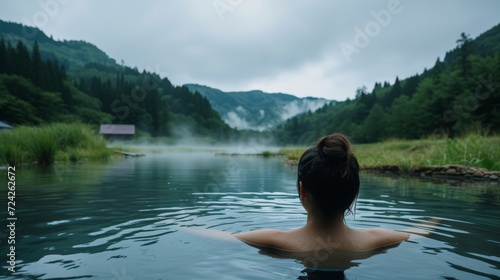 woman enjoys a natural thermal bath  