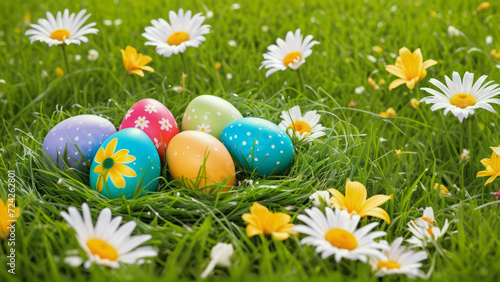 Colorfully Decorated Easter Eggs Nestled Among Daisies in Vibrant Spring Grass